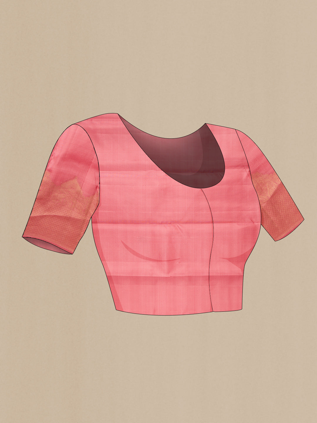 Close up image of the blouse of Rose pink Kanjivaram Silk Saree with Jacquard design on the body and Fancy Border. 