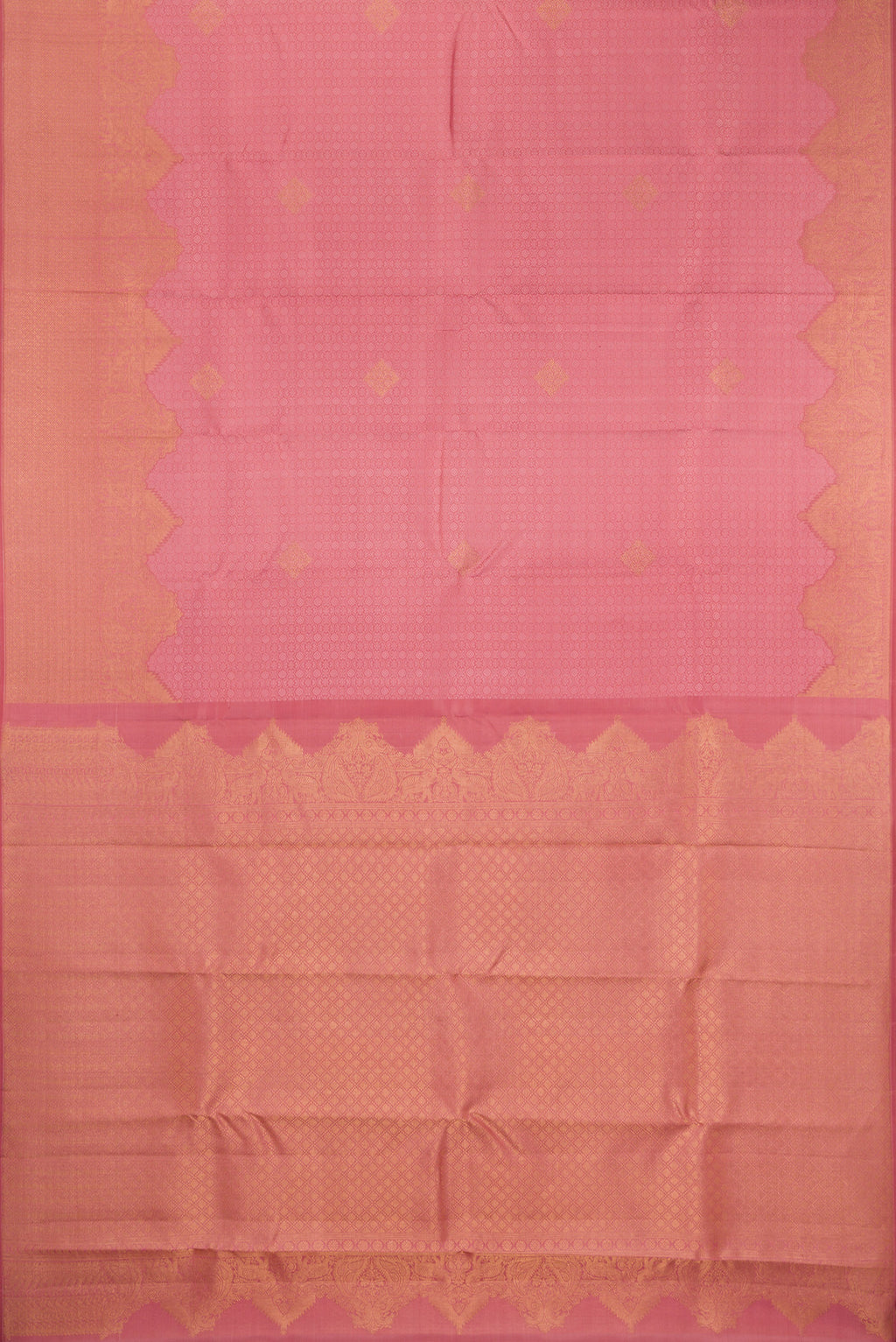 Flat view of Rose pink Kanjivaram Silk Saree with Jacquard design on the body and Fancy Border. 