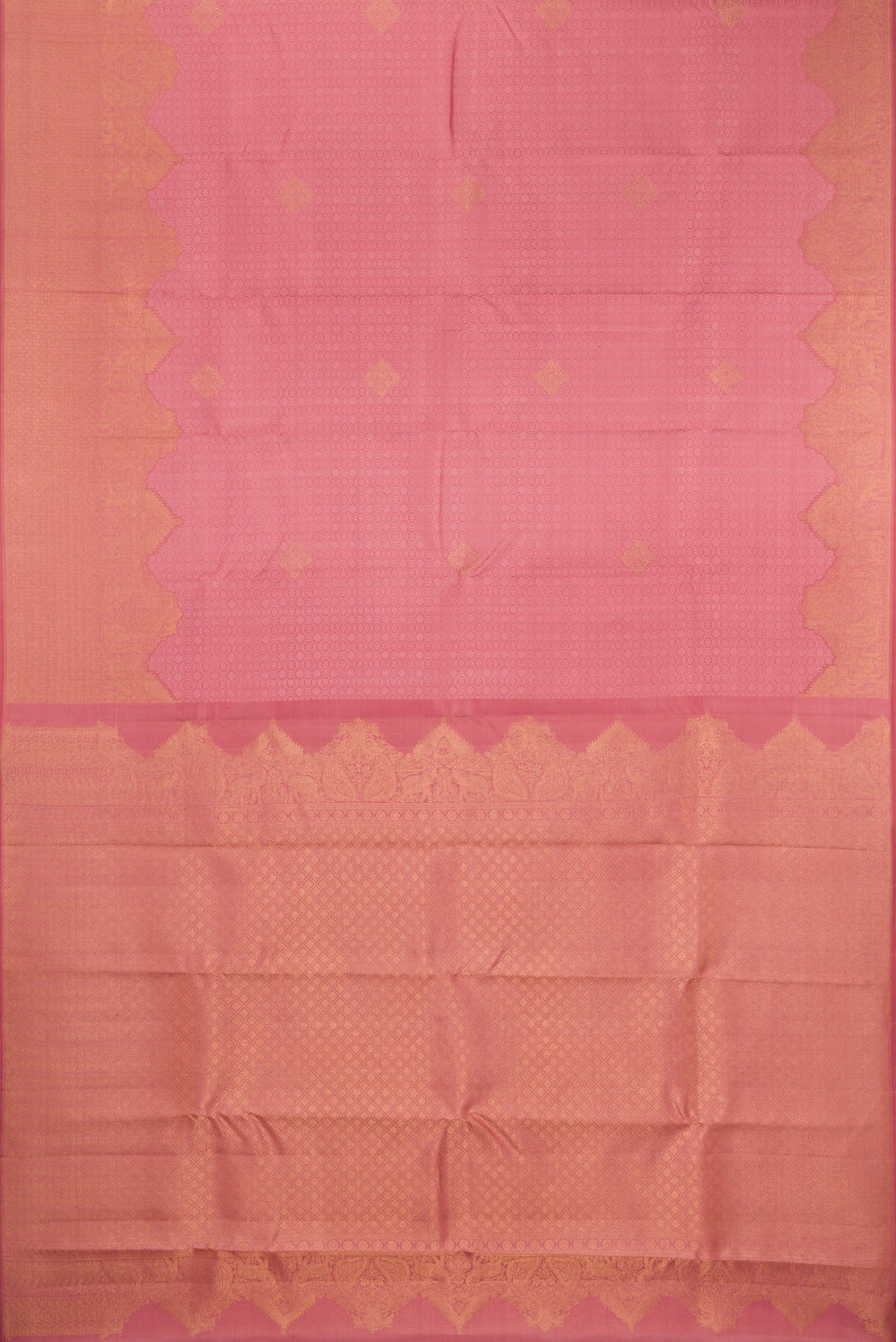 Flat view of Rose pink Kanjivaram Silk Saree with Jacquard design on the body and Fancy Border. 