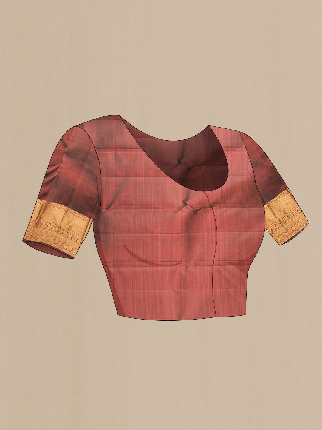 Close up image of the blouse of Coral Kanjivaram Silk Saree with Stripes on the body and Zari Border. 
