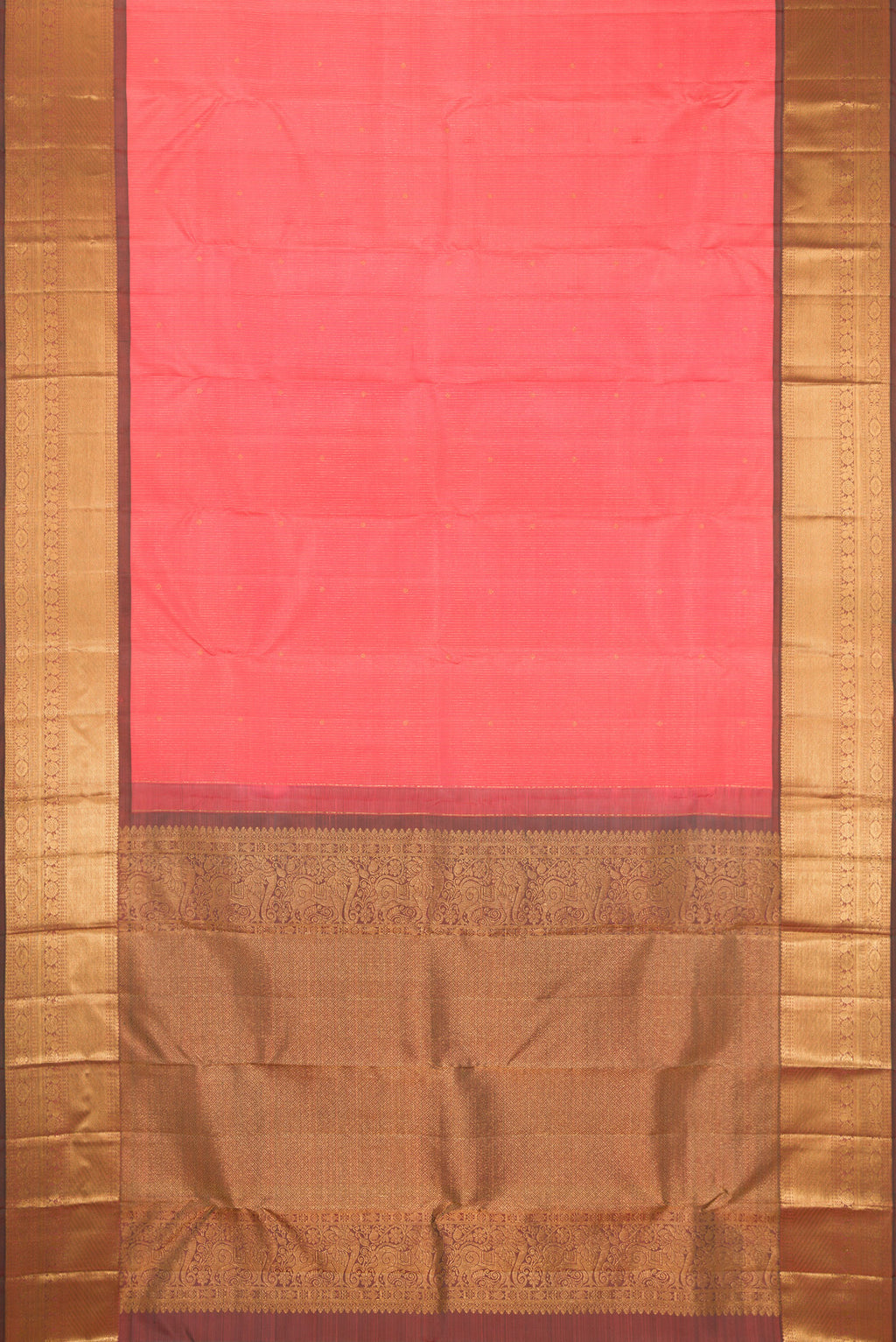 Flat view of Coral Kanjivaram Silk Saree with Stripes on the body and Zari Border. 