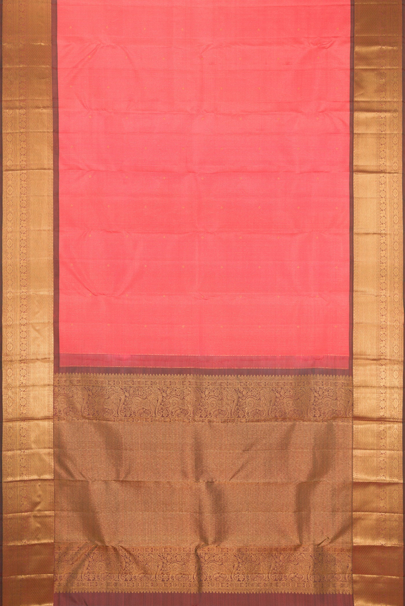 Flat view of Coral Kanjivaram Silk Saree with Stripes on the body and Zari Border. 