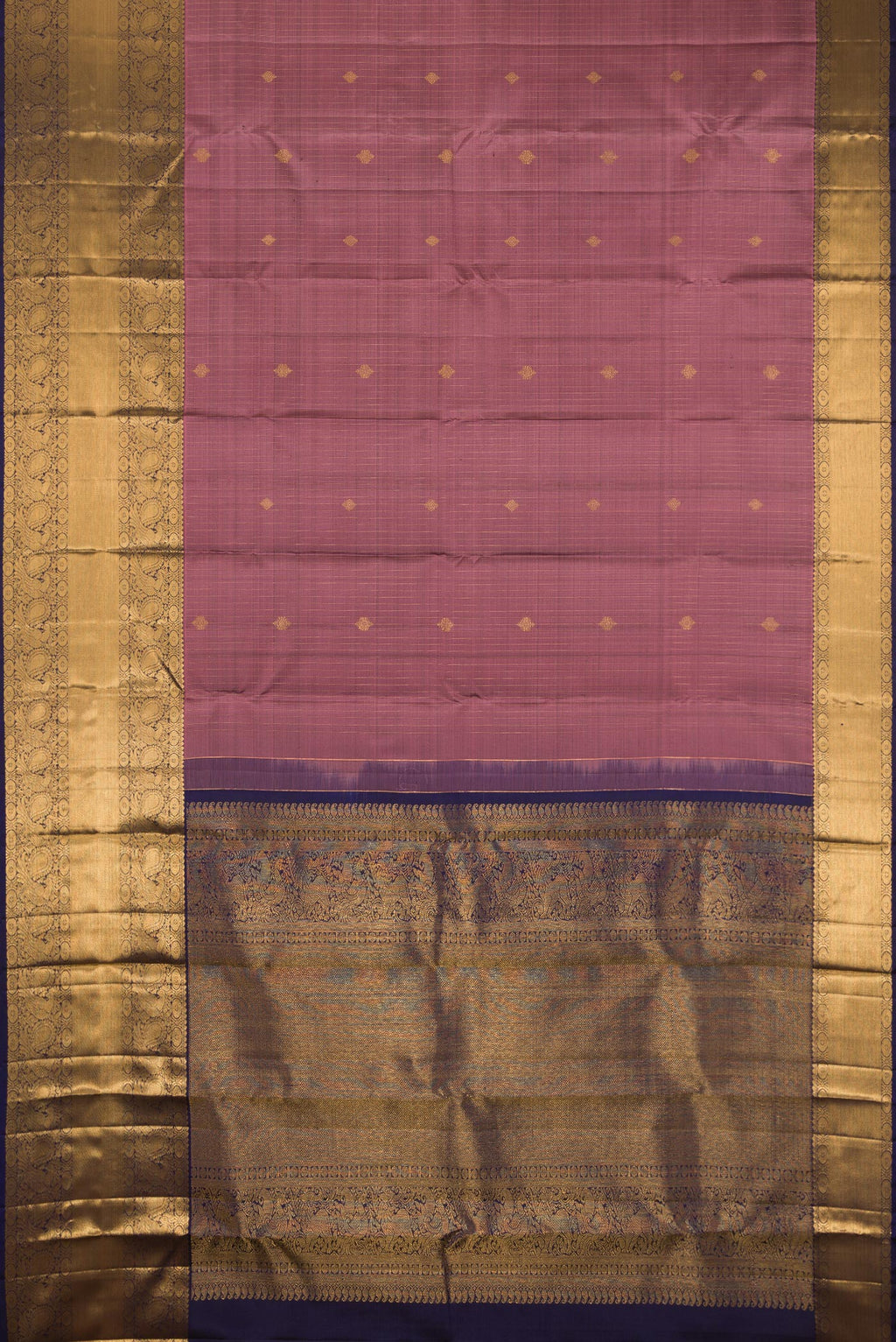 Flat view of Pink Dual Tone Kanjivaram Silk Saree with Stripes on the body and Zari Border. 