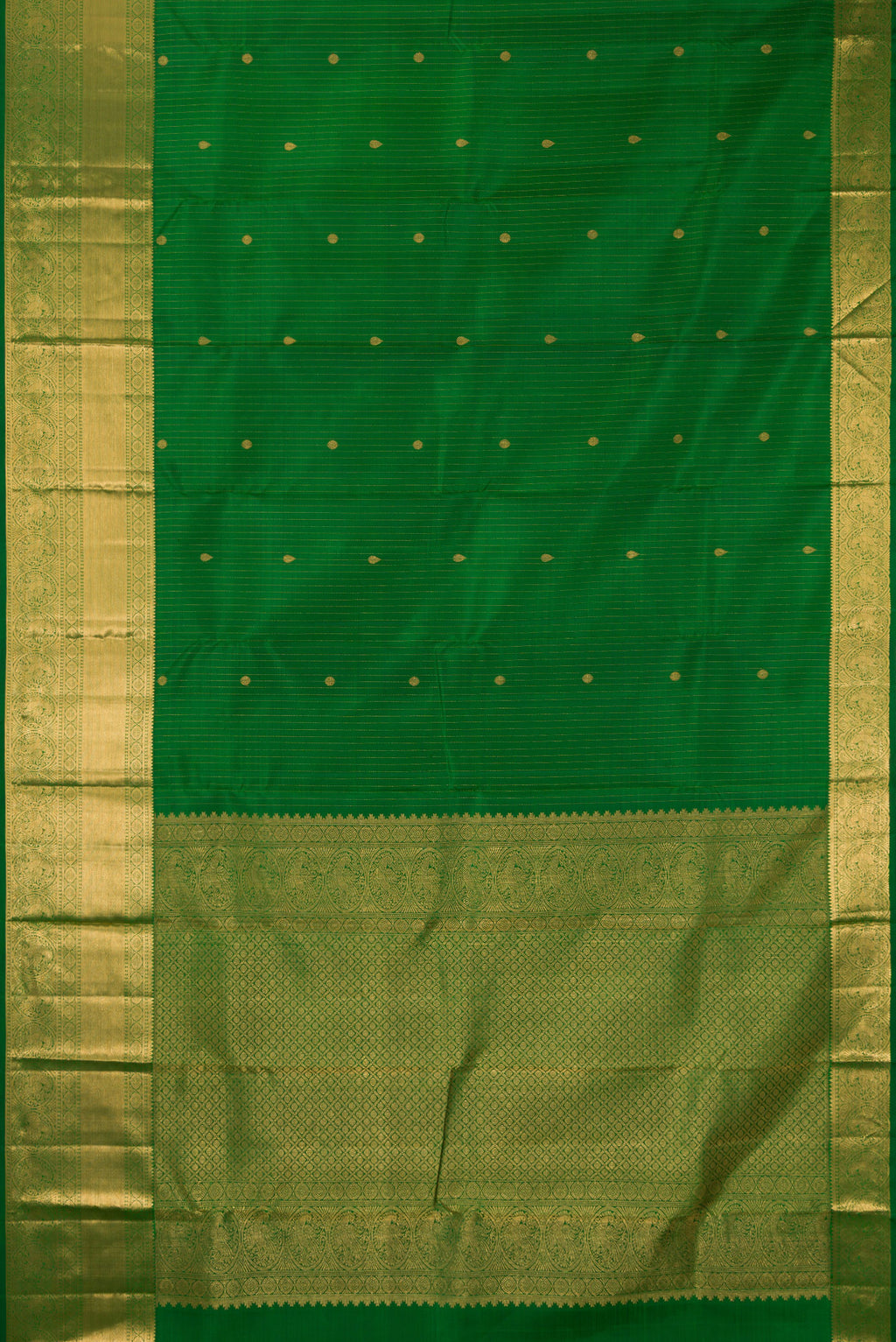 Flat view of Pure Silk Green Kanjivaram Saree with Checked design on the body and Zari Border. 