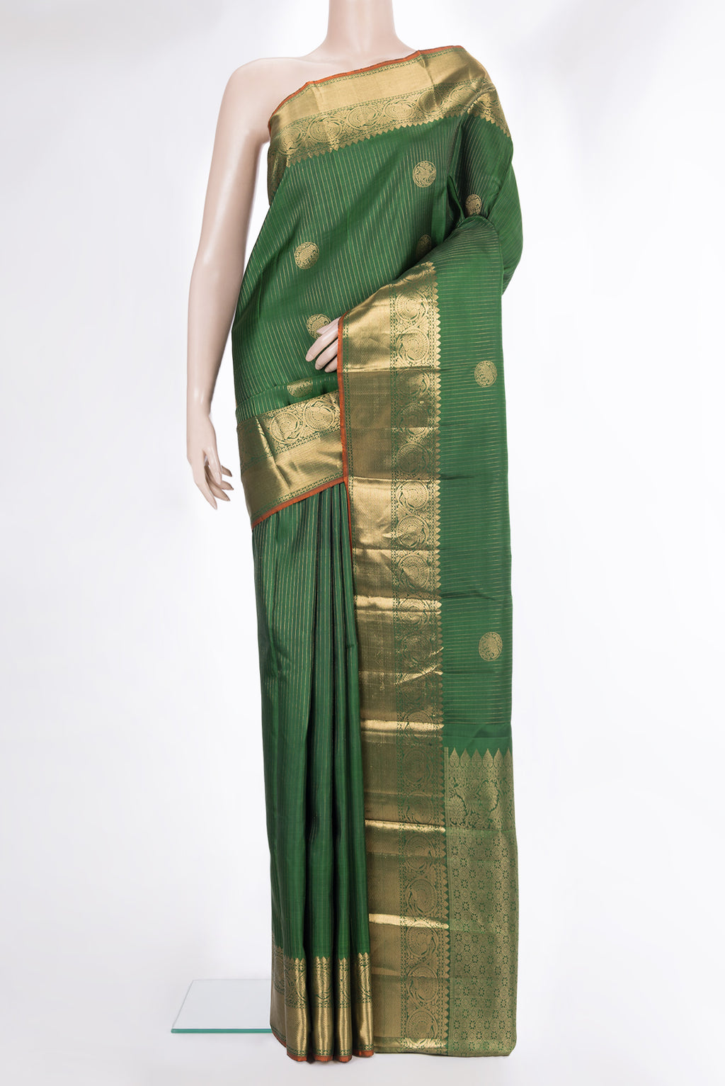 Pure Silk Green Kanjivaram Saree with Stripes on the body and Zari Border.  displayed on a mannequin
