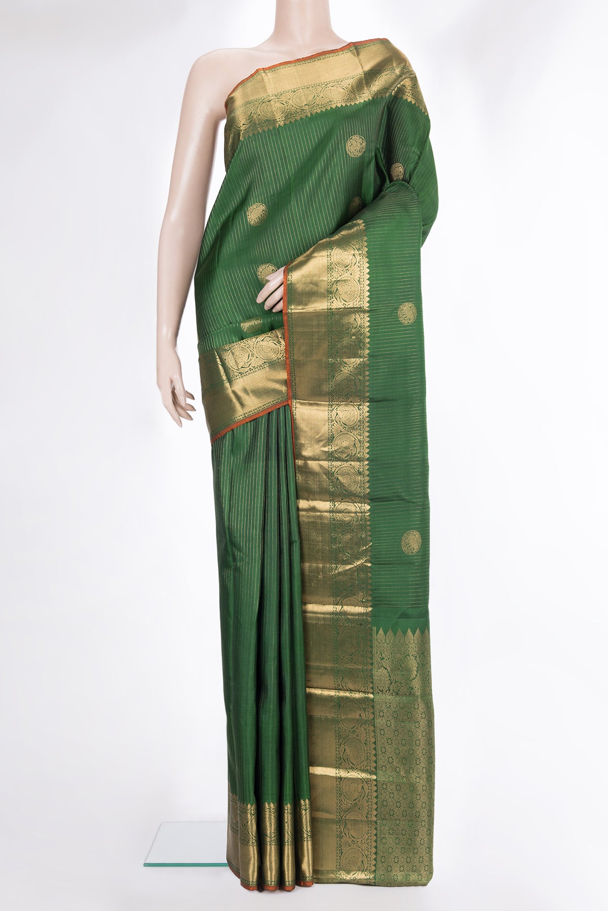 Pure Silk Green Kanjivaram Saree with Stripes on the body and Zari Border.  displayed on a mannequin