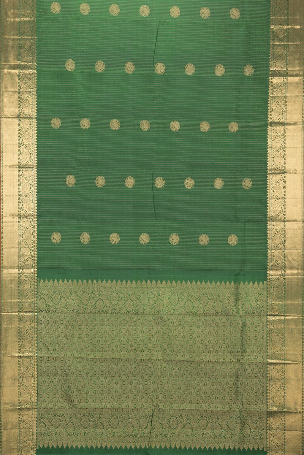 Flat view of Pure Silk Green Kanjivaram Saree with Stripes on the body and Zari Border. 