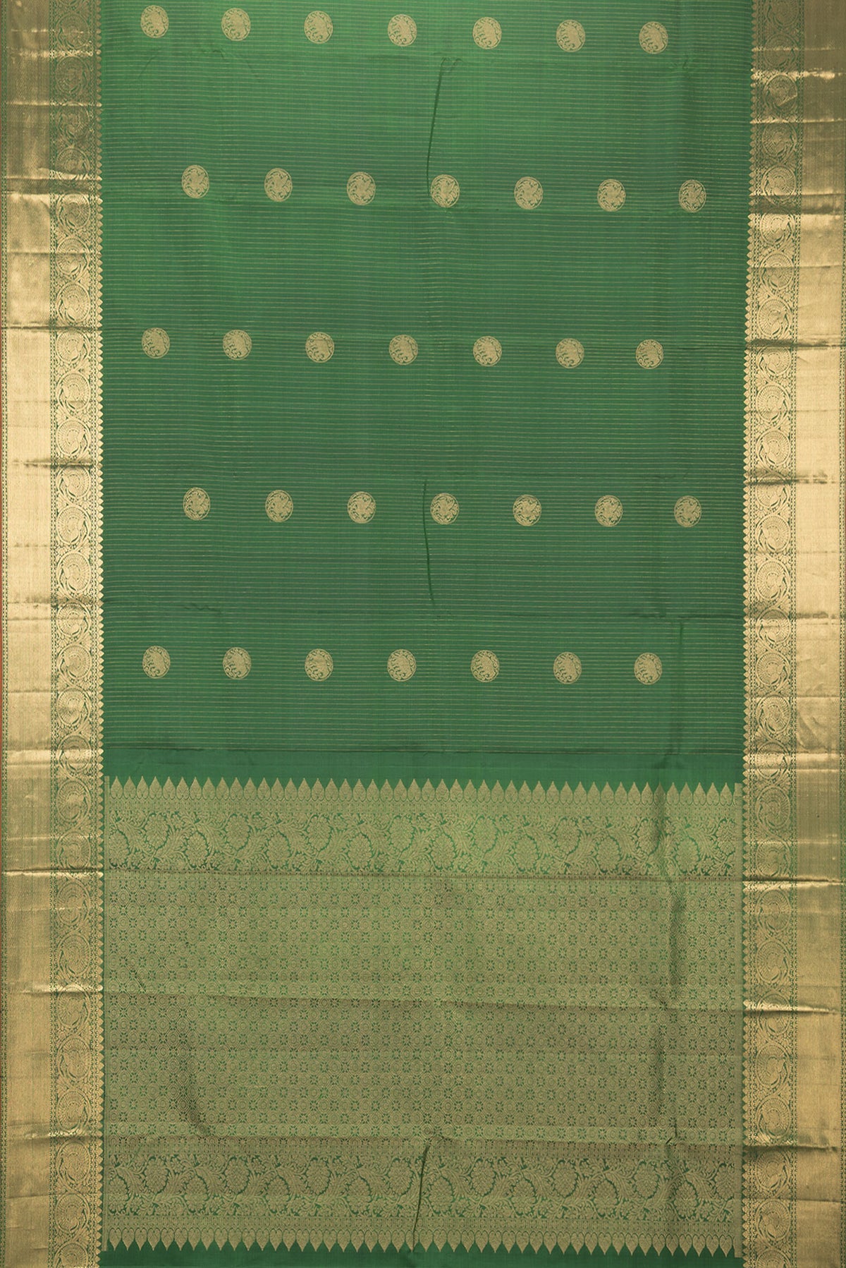 Flat view of Pure Silk Green Kanjivaram Saree with Stripes on the body and Zari Border. 