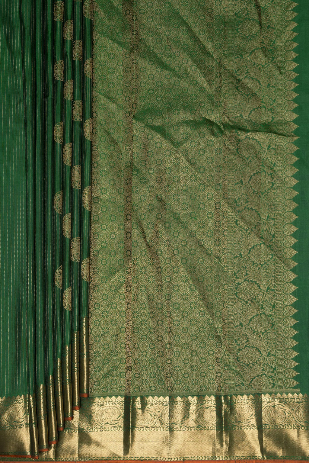 Pleats and pallu of Pure Silk Green Kanjivaram Saree with Stripes on the body and Zari Border. 