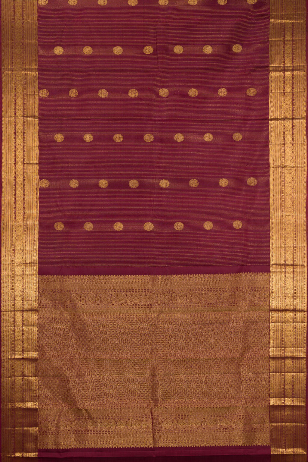 Flat view of Coffee Brown Kanjivaram Silk Saree with Stripes on the body and Zari Border. 