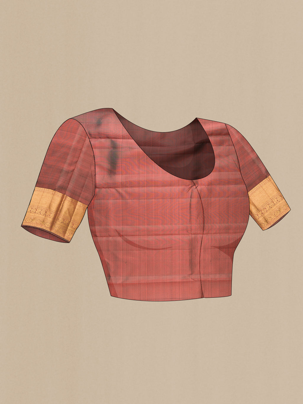 Close up image of the blouse of Pure Silk Coral Kanjivaram Saree with Stripes on the body and Zari Border. 