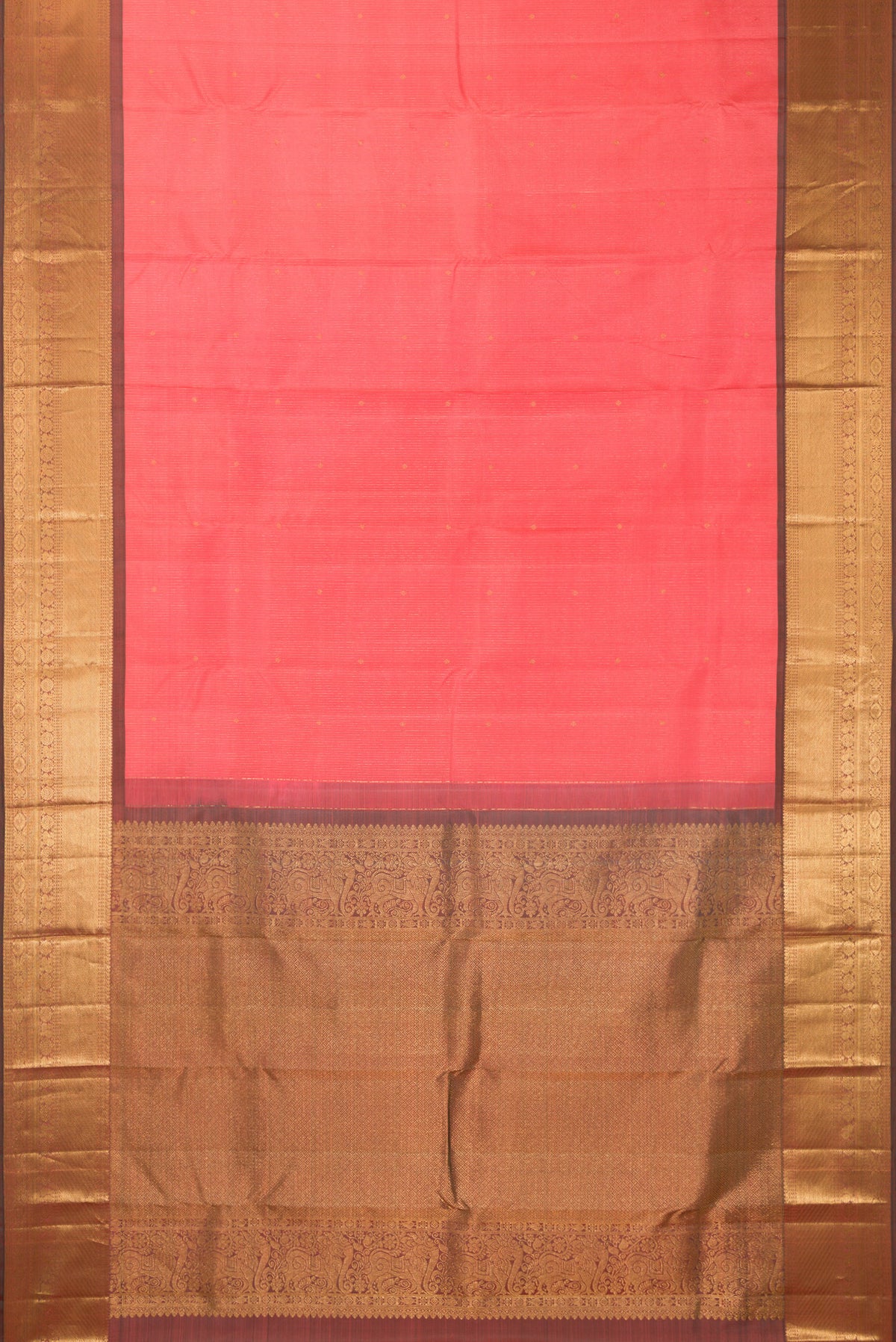 Flat view of Pure Silk Coral Kanjivaram Saree with Stripes on the body and Zari Border. 