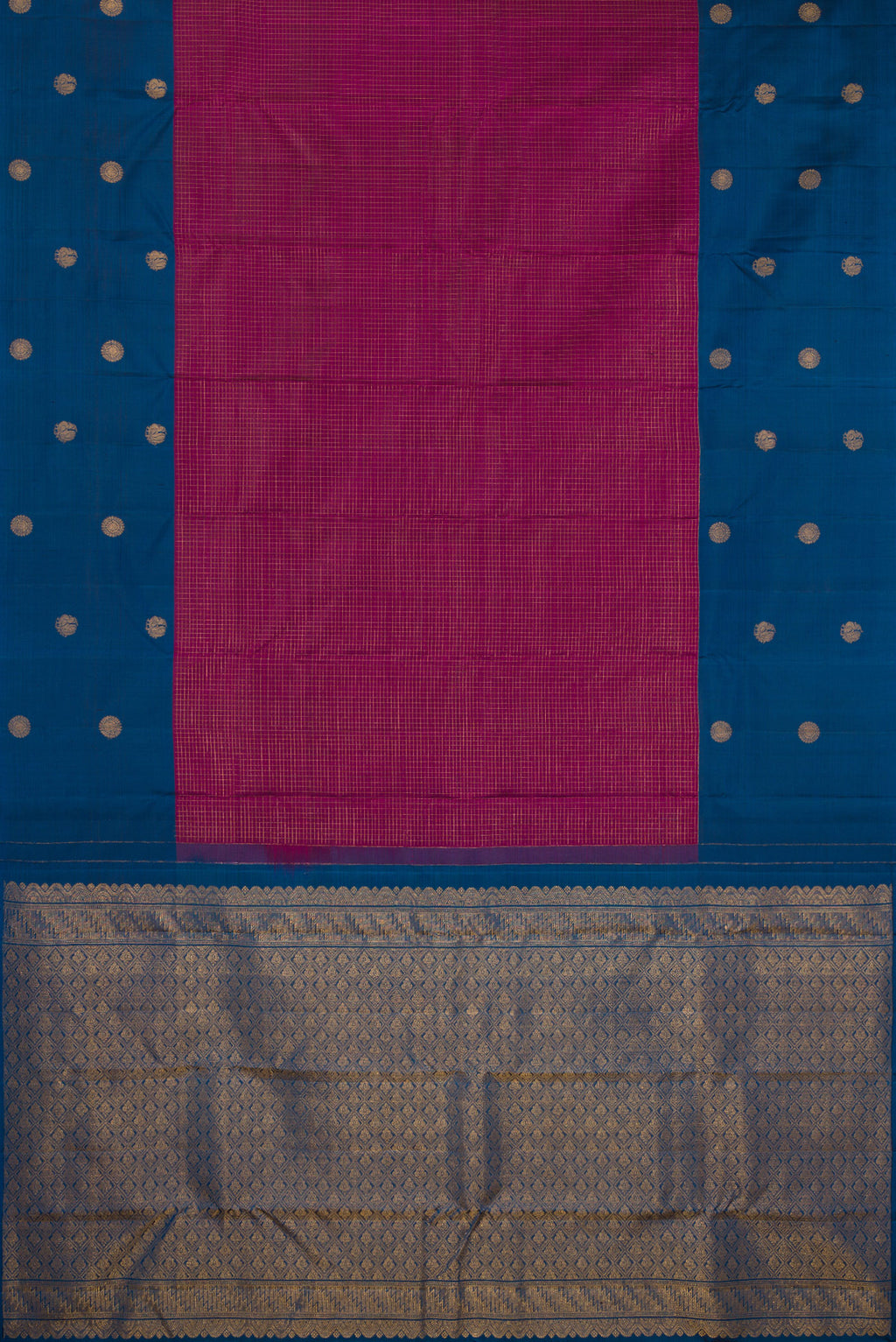 Flat view of Magenta Kanjivaram Silk Saree with Checked design on the body and Fancy Border. 