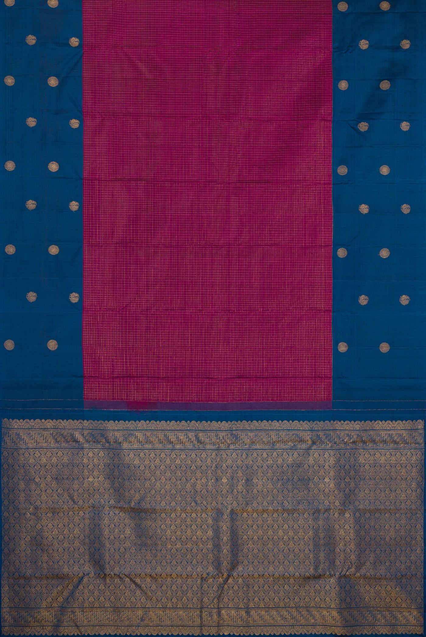 Flat view of Magenta Kanjivaram Silk Saree with Checked design on the body and Fancy Border. 