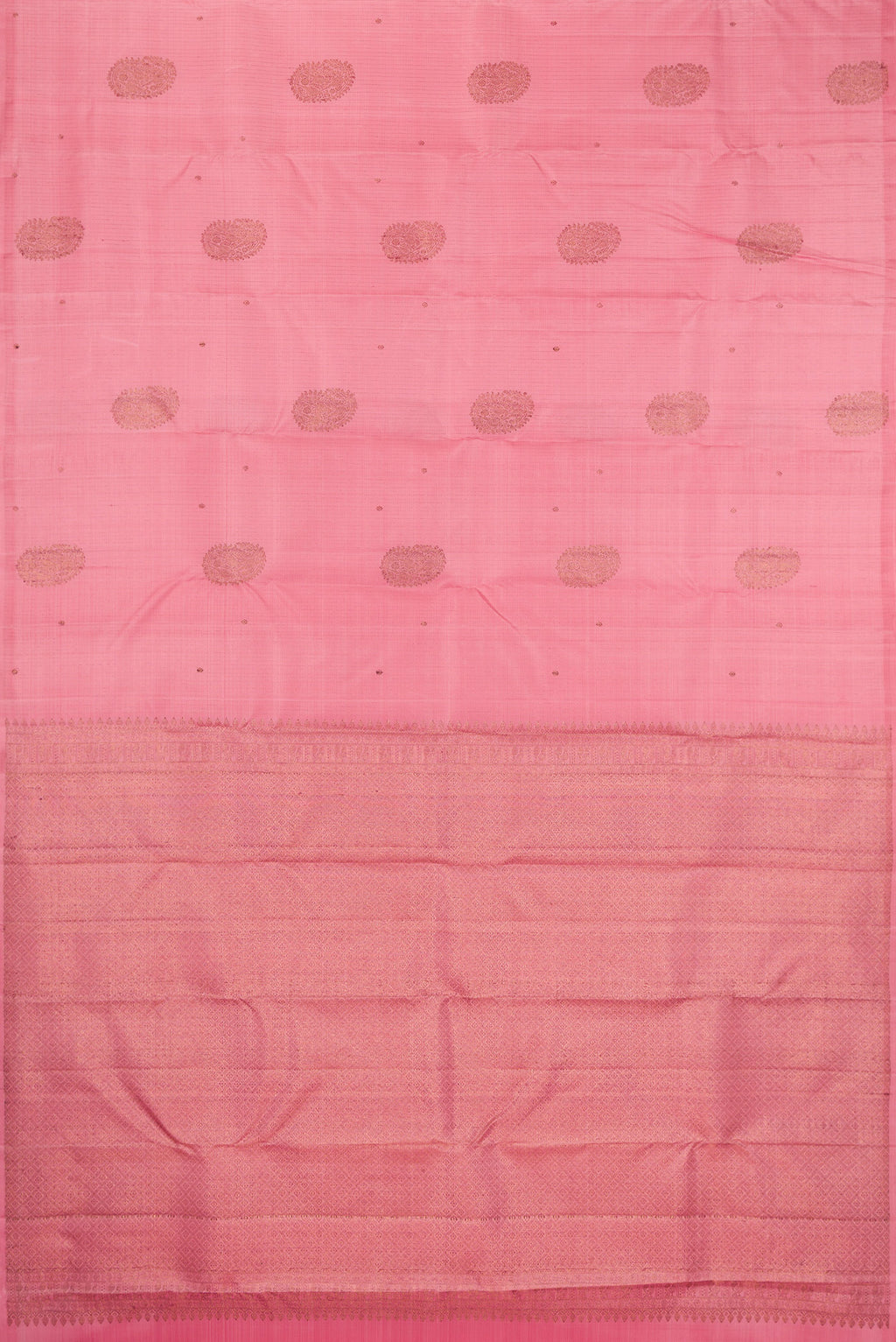 Flat view of Pink Kanjivaram Silk Saree with Stripes on the body and Without Border. 