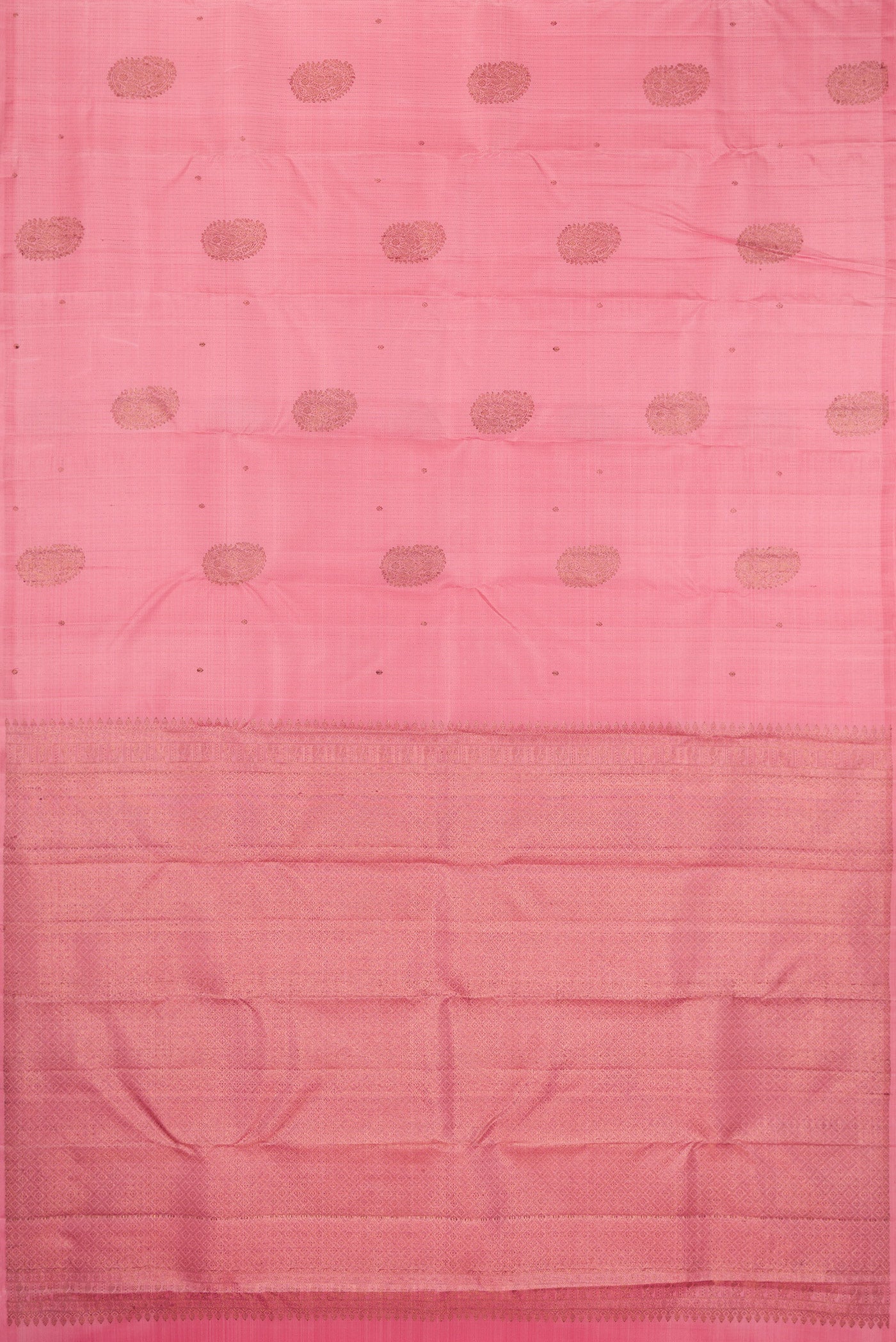 Flat view of Pink Kanjivaram Silk Saree with Stripes on the body and Without Border. 