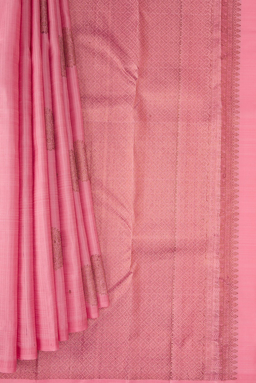 Pleats and pallu of Pink Kanjivaram Silk Saree with Stripes on the body and Without Border. 