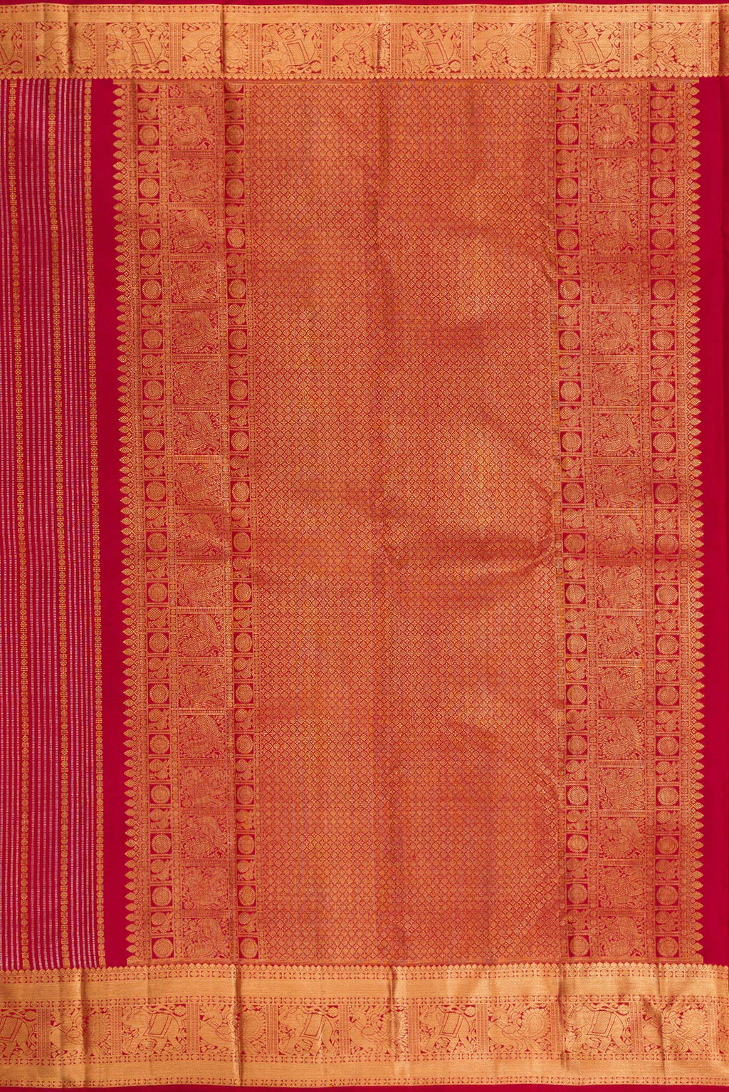 Close up image of the pallu of Maroon Kanjivaram Silk Saree with Stripes on the body and Zari Border. 
