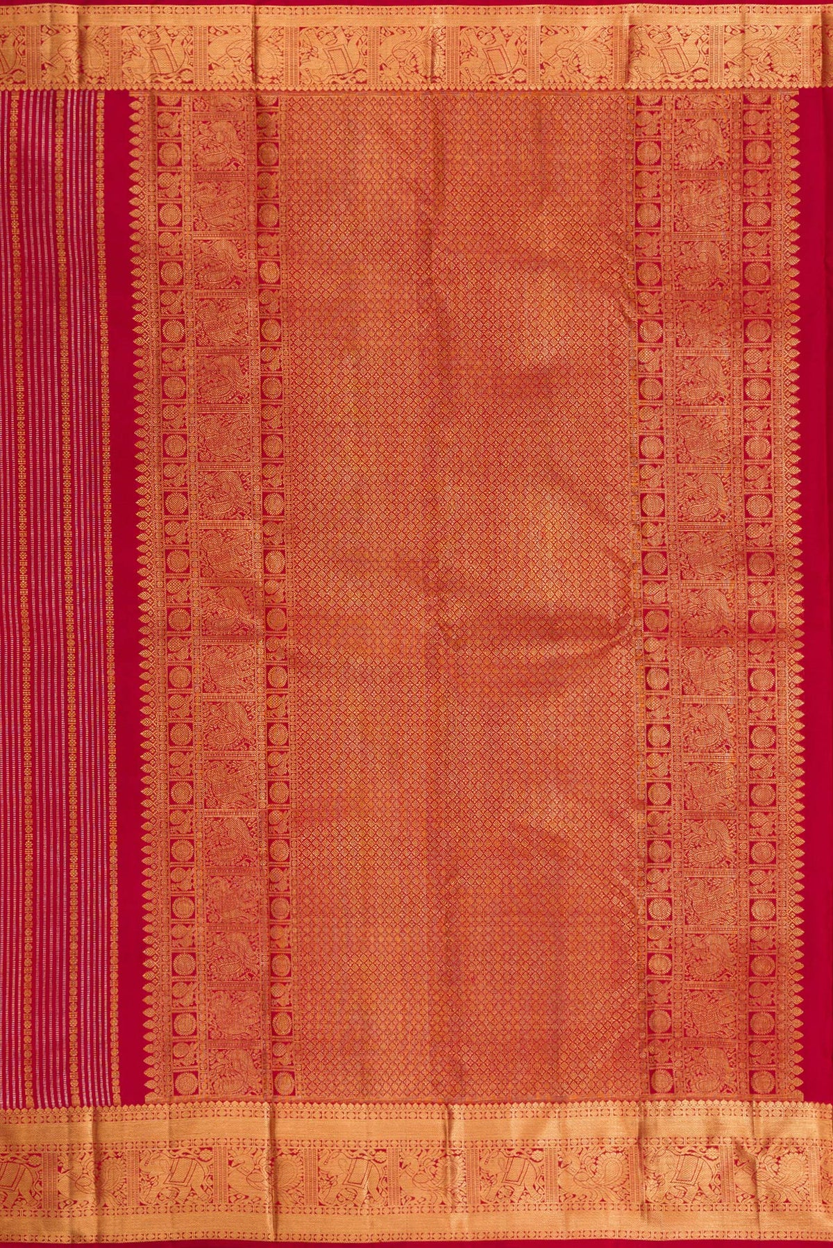Close up image of the pallu of Maroon Kanjivaram Silk Saree with Stripes on the body and Zari Border. 