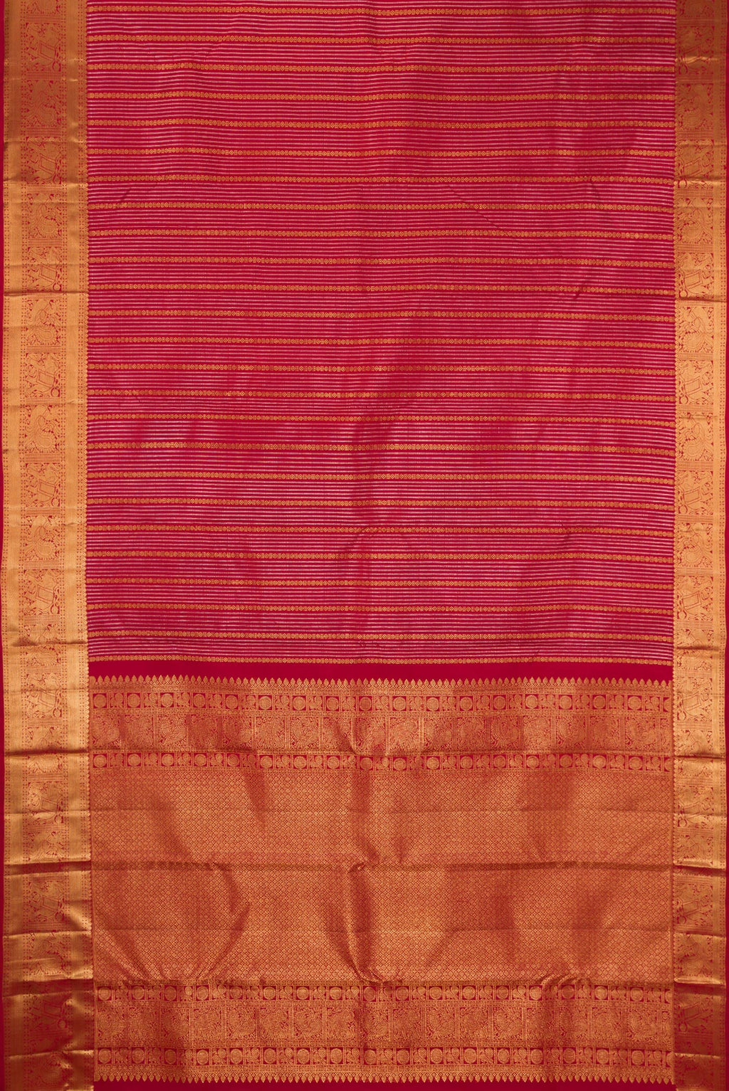 Flat view of Maroon Kanjivaram Silk Saree with Stripes on the body and Zari Border. 