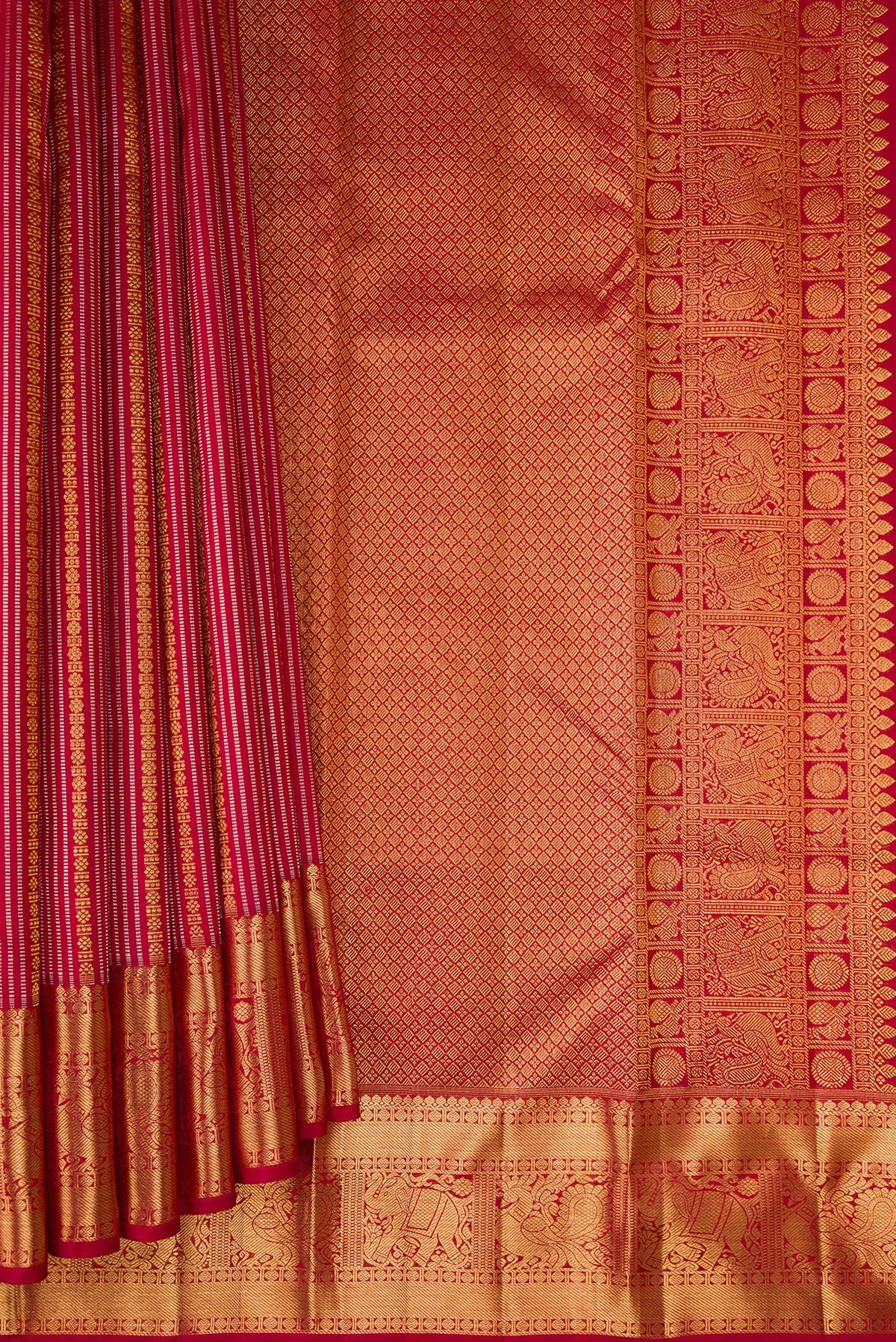 Pleats and pallu of Maroon Kanjivaram Silk Saree with Stripes on the body and Zari Border. 