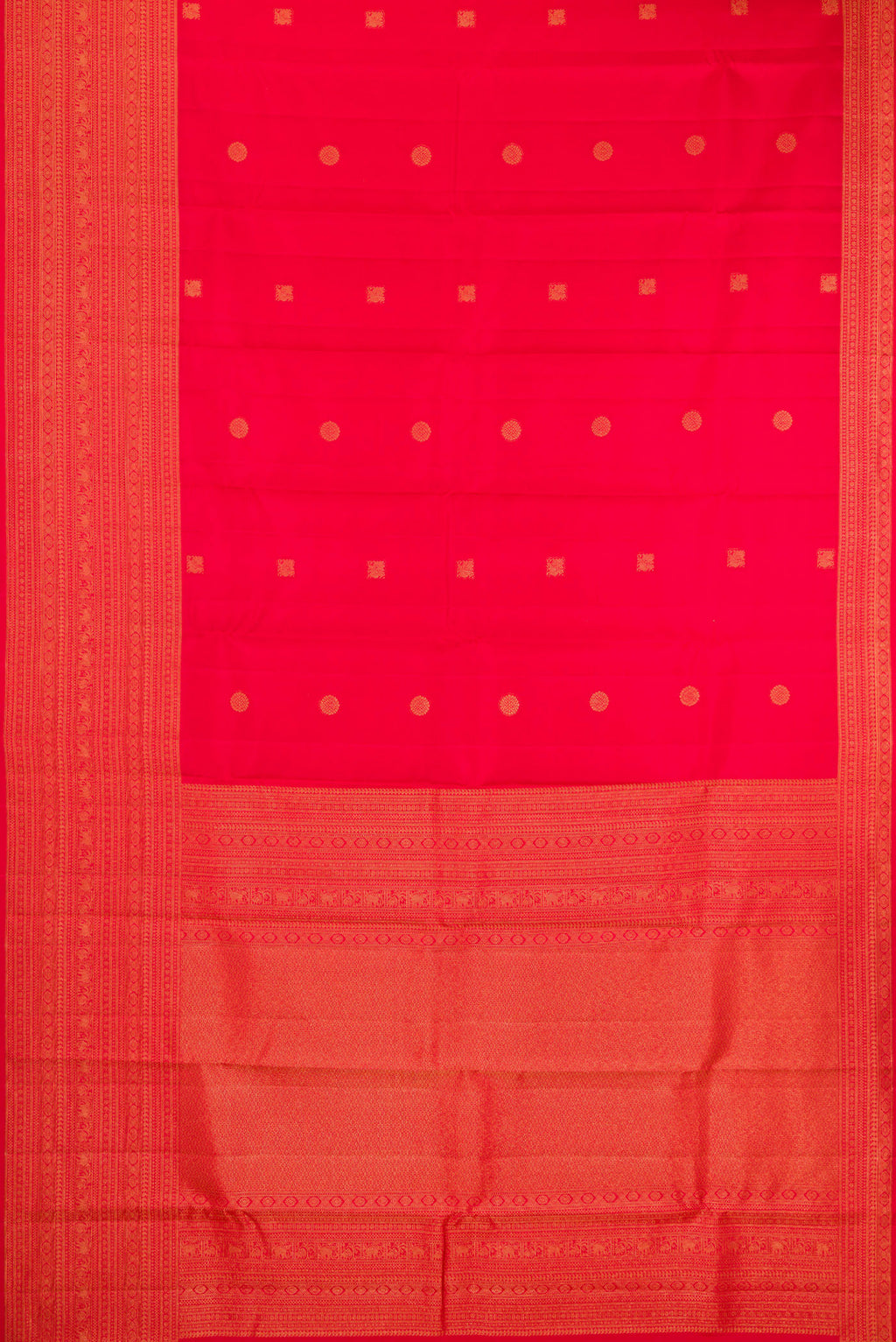 Flat view of Red Kanchipuram Silk Saree with Zari Butta on the body and Fancy Border. 