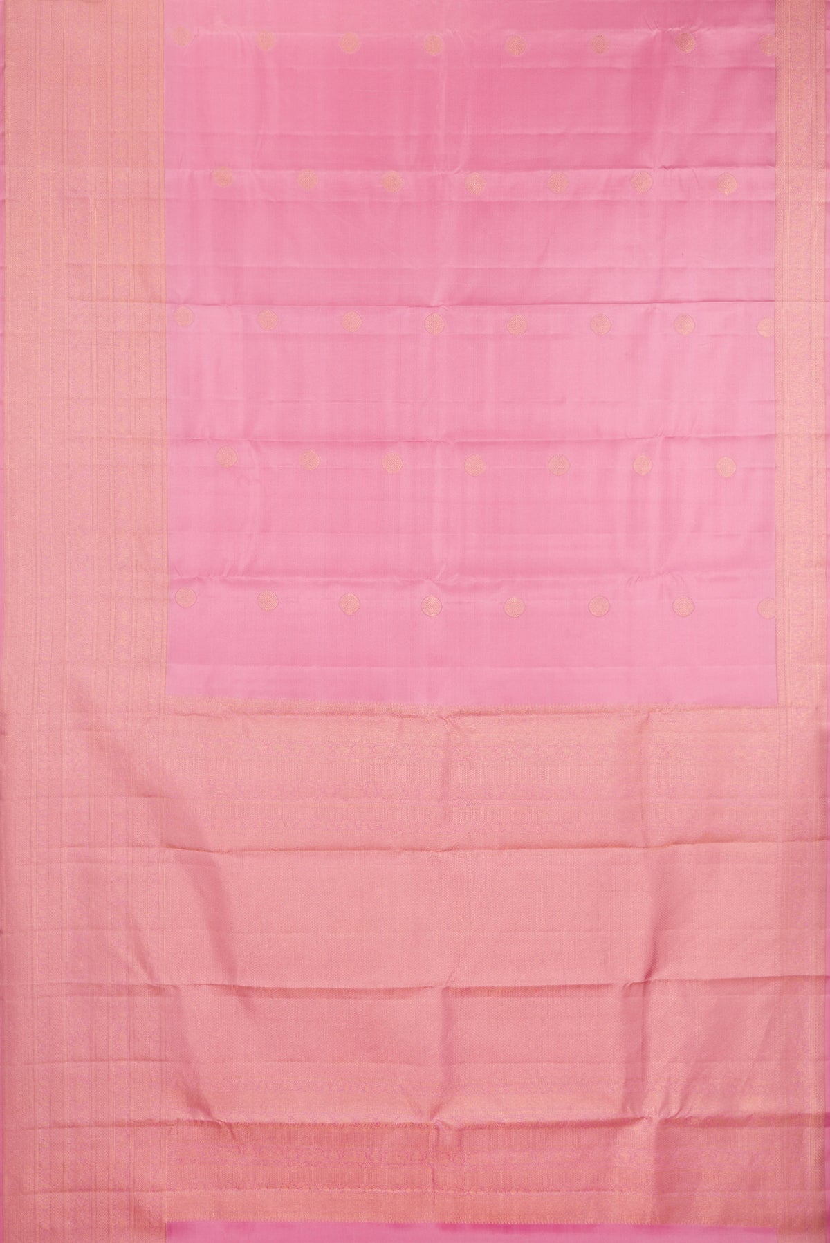 Flat view of Pure Silk Rose pink Kanchipuram Saree with Zari Butta on the body and Fancy Border. 