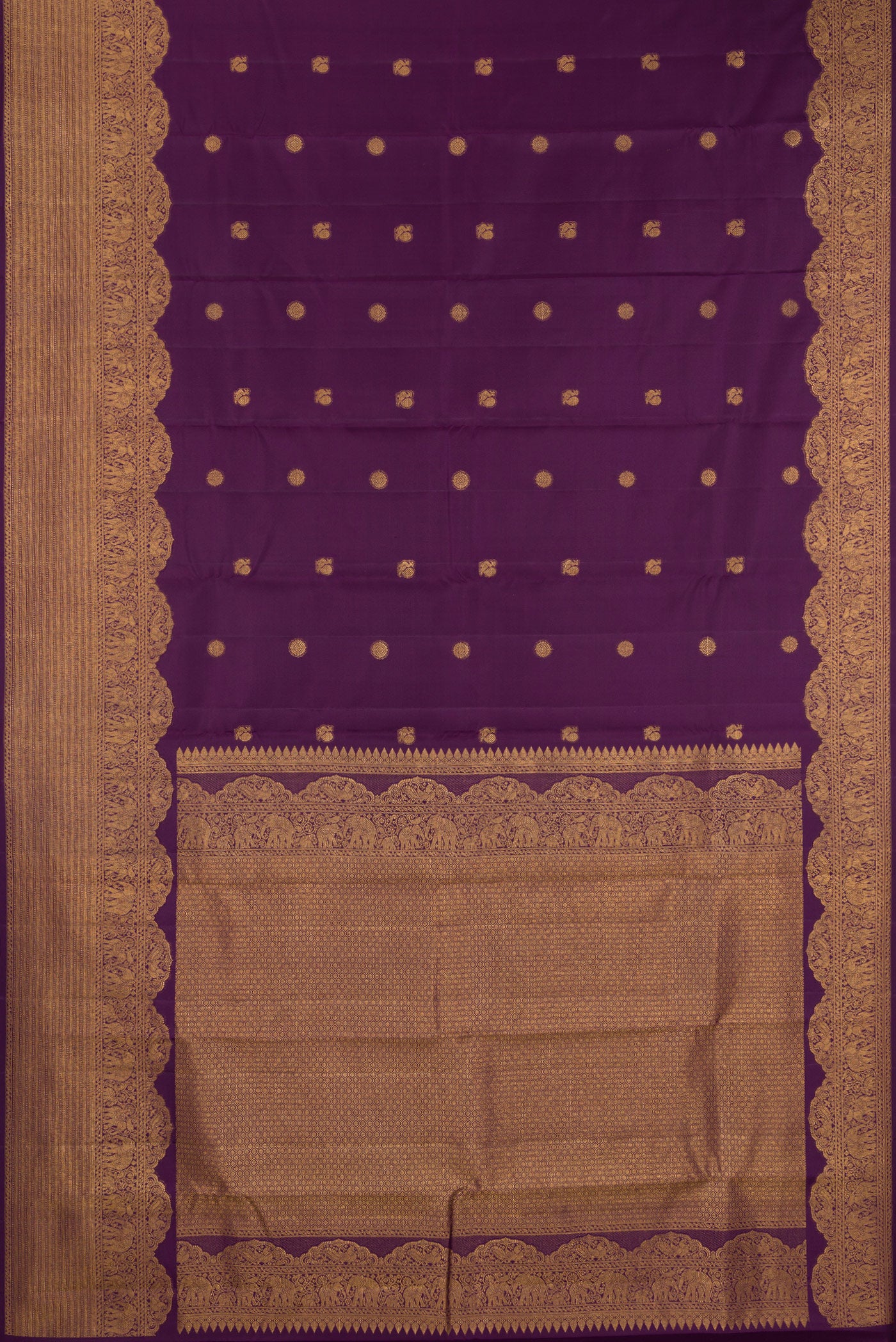 Flat view of Burgundy Kanchipuram Silk Saree with Zari Butta on the body and Fancy Border. 