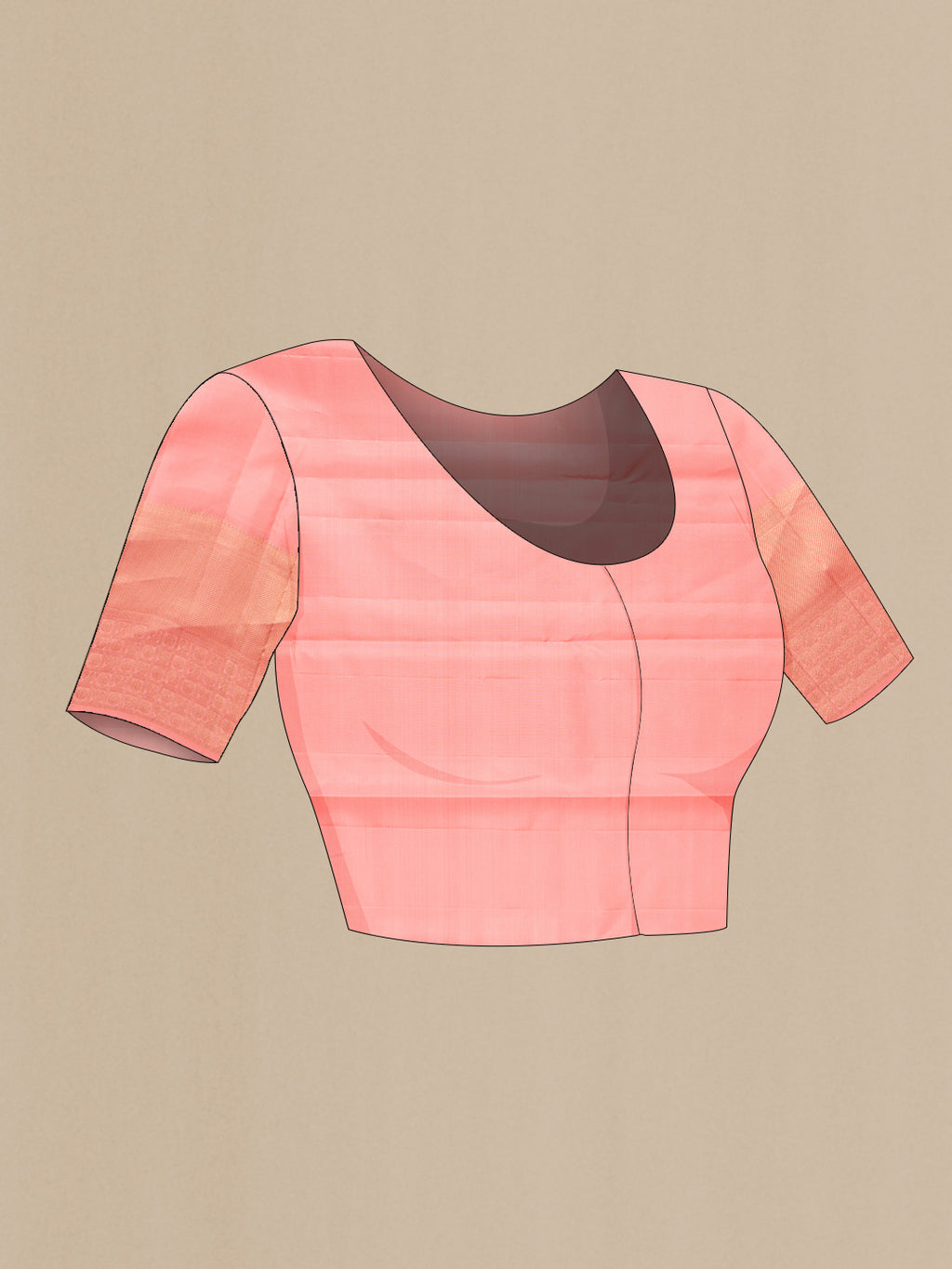 Close up image of the blouse of Pure Silk Peach Kanchipuram Saree with Zari Butta on the body and Zari Border. 