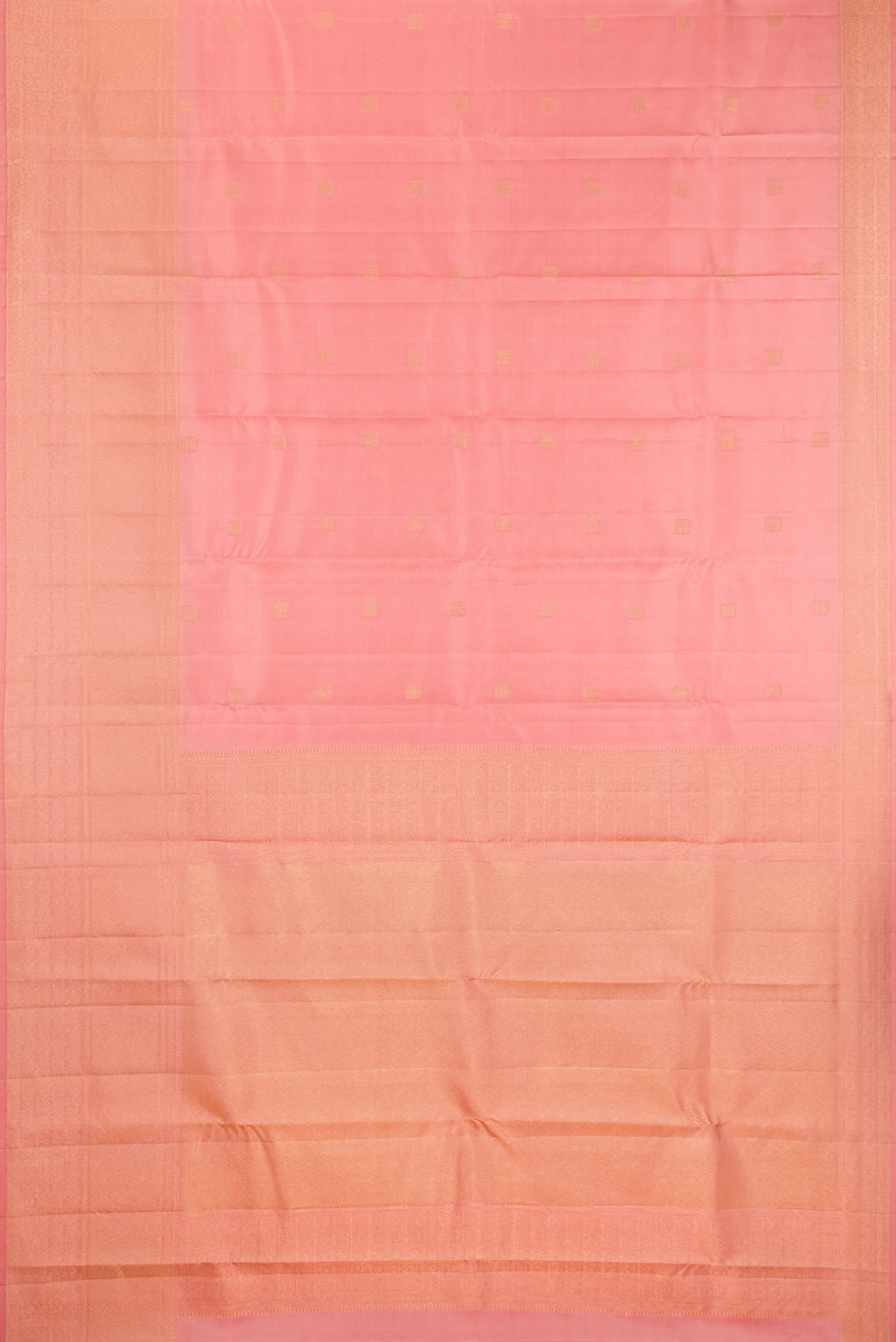 Flat view of Pure Silk Peach Kanchipuram Saree with Zari Butta on the body and Zari Border. 