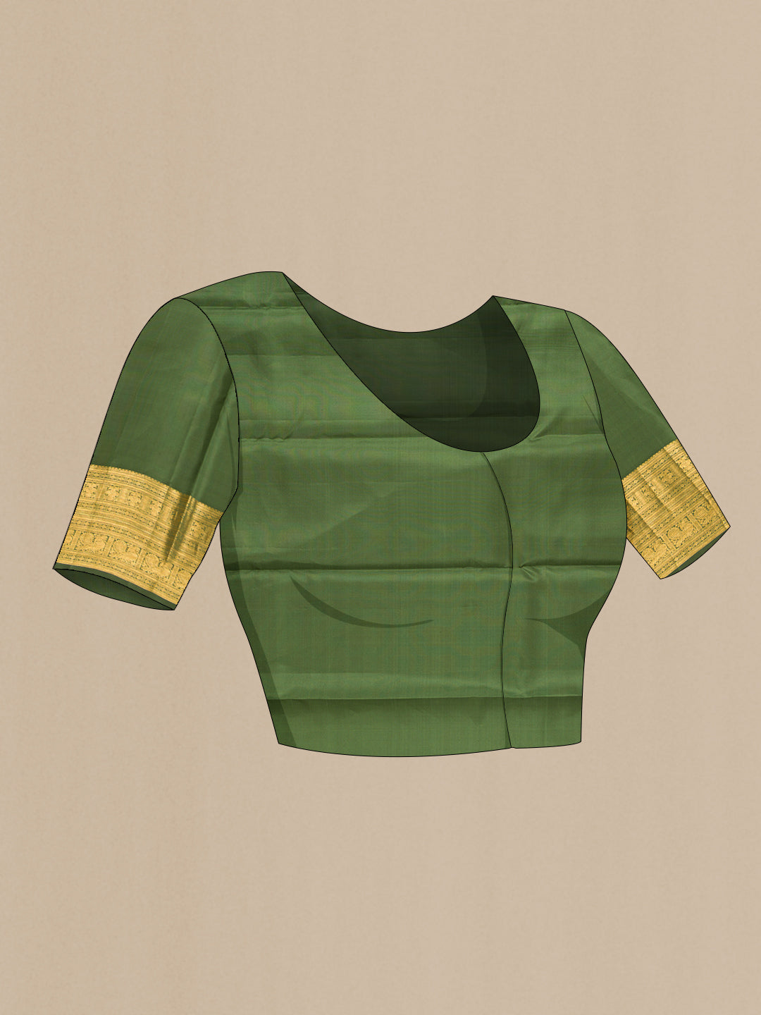 Close up image of the blouse of Pure Silk Mehandi Green Kanchipuram Saree with Zari Butta on the body and Zari Border. 