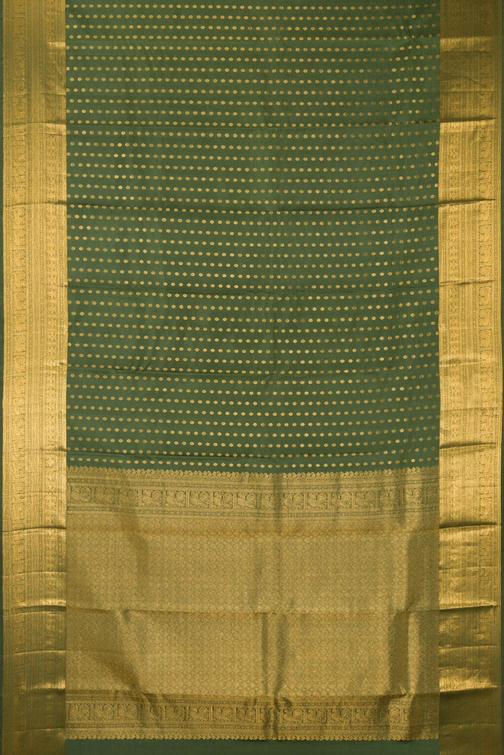 Flat view of Pure Silk Mehandi Green Kanchipuram Saree with Zari Butta on the body and Zari Border. 