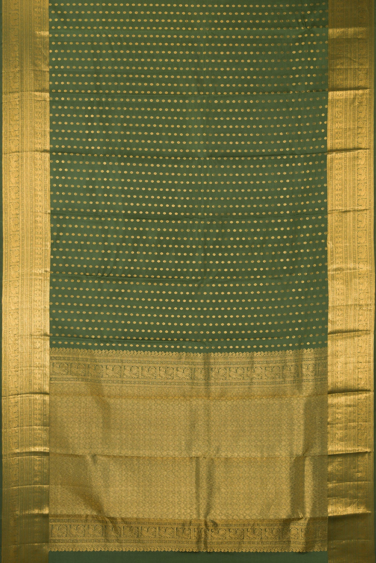 Flat view of Pure Silk Mehandi Green Kanchipuram Saree with Zari Butta on the body and Zari Border. 