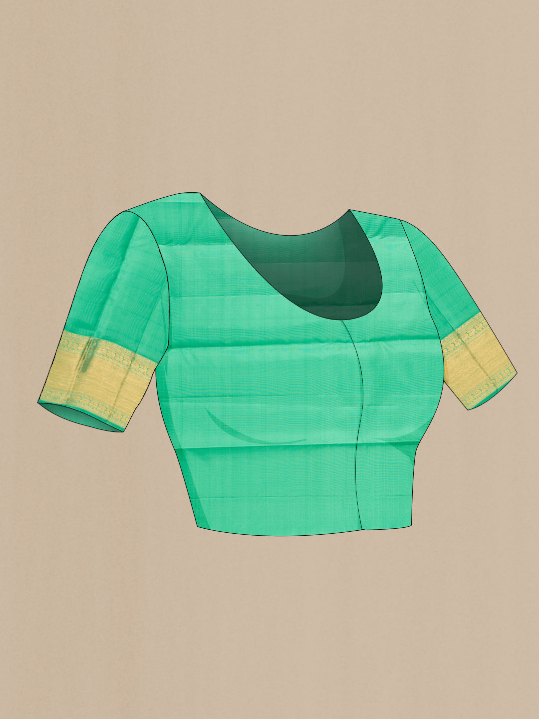 Close up image of the blouse of Pure Silk Green Kanchipuram Saree with Zari Butta on the body and Zari Border. 