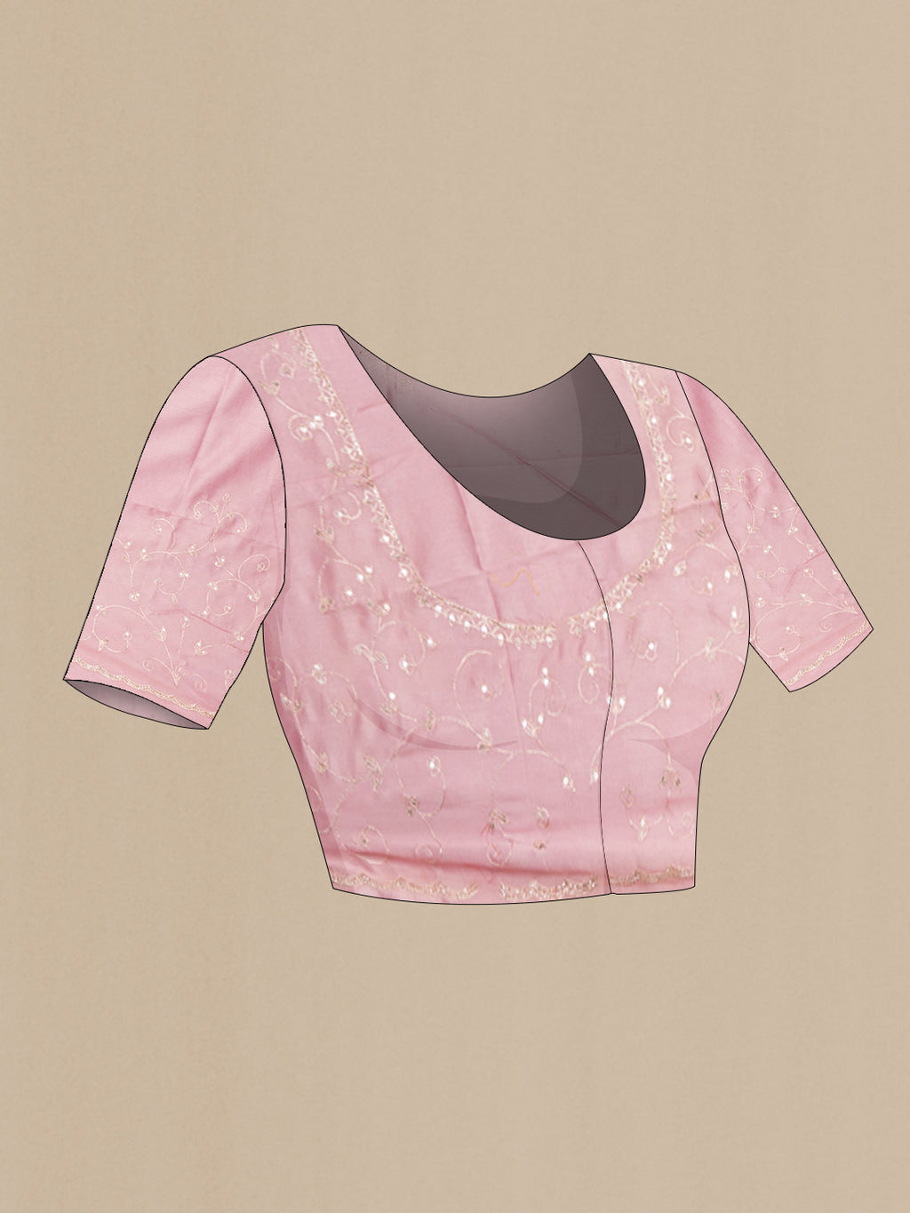 Close up image of the blouse of Pink Dual Tone Organza Saree with Embroidery on the body and Embroidery Border. 