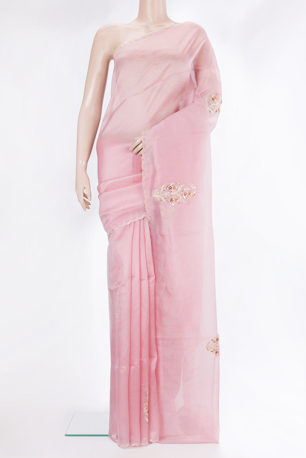 Pink Dual Tone Organza Saree with Embroidery on the body and Embroidery Border.  displayed on a mannequin