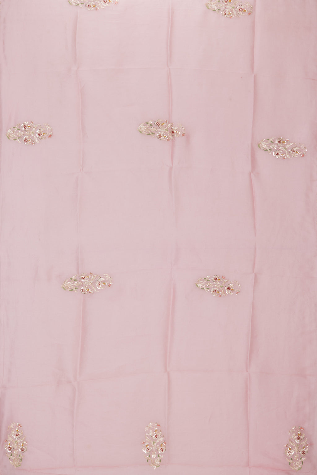 Flat view of Pink Dual Tone Organza Saree with Embroidery on the body and Embroidery Border. 