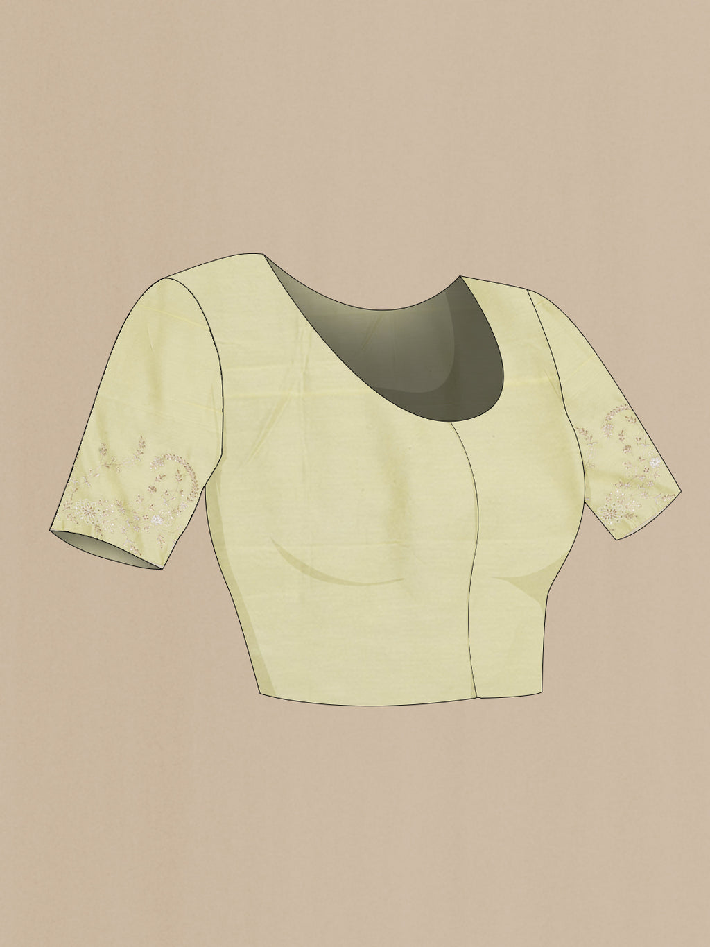 Close up image of the blouse of Lemon Yellow Organza Silk Saree with Embroidery on the body and Sequin Border. 