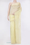 Lemon Yellow Organza Silk Saree with Embroidery on the body and Sequin Border.  displayed on a mannequin