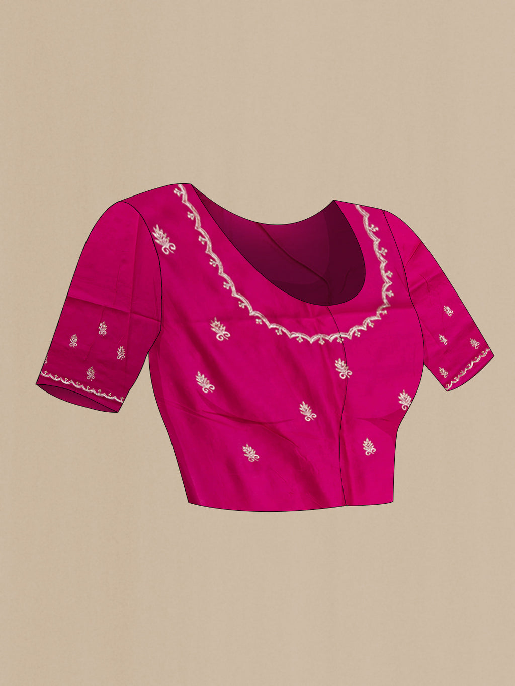 Close up image of the blouse of Rani Pink Organza Silk Saree with Embroidery on the body and Embroidery Border. 