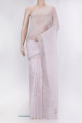 Lilac Organza Silk Saree with Embroidery on the body and Embroidery Border.  displayed on a mannequin