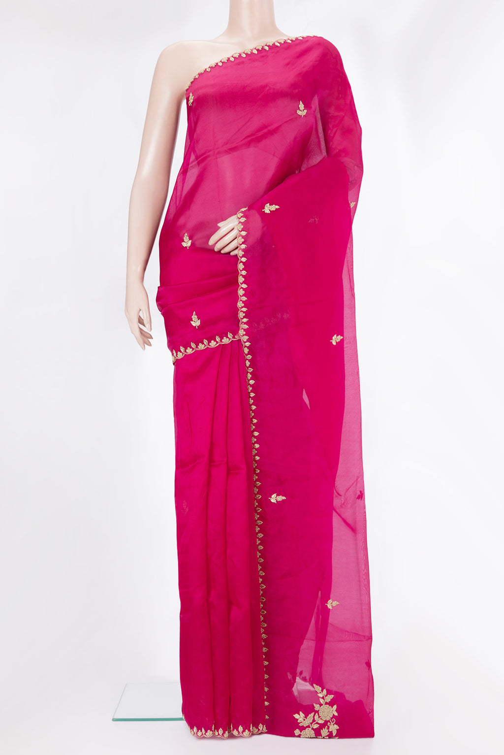 Dark Pink Dual Tone Organza Saree with Embroidery on the body and Embroidery Border.  displayed on a mannequin