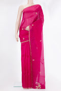 Dark Pink Dual Tone Organza Saree with Embroidery on the body and Embroidery Border.  displayed on a mannequin