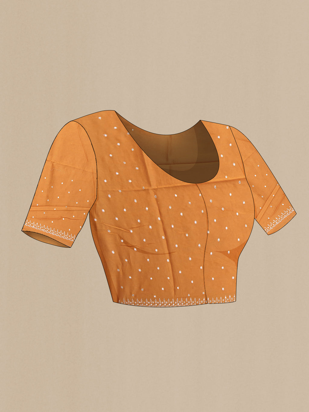 Close up image of the blouse of Orange Dual Tone Organza Silk Saree with Embroidery on the body and Embroidery Border. 