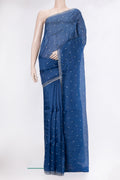 Blue Organza Silk Saree with Embroidery on the body and Embroidery Border.  displayed on a mannequin