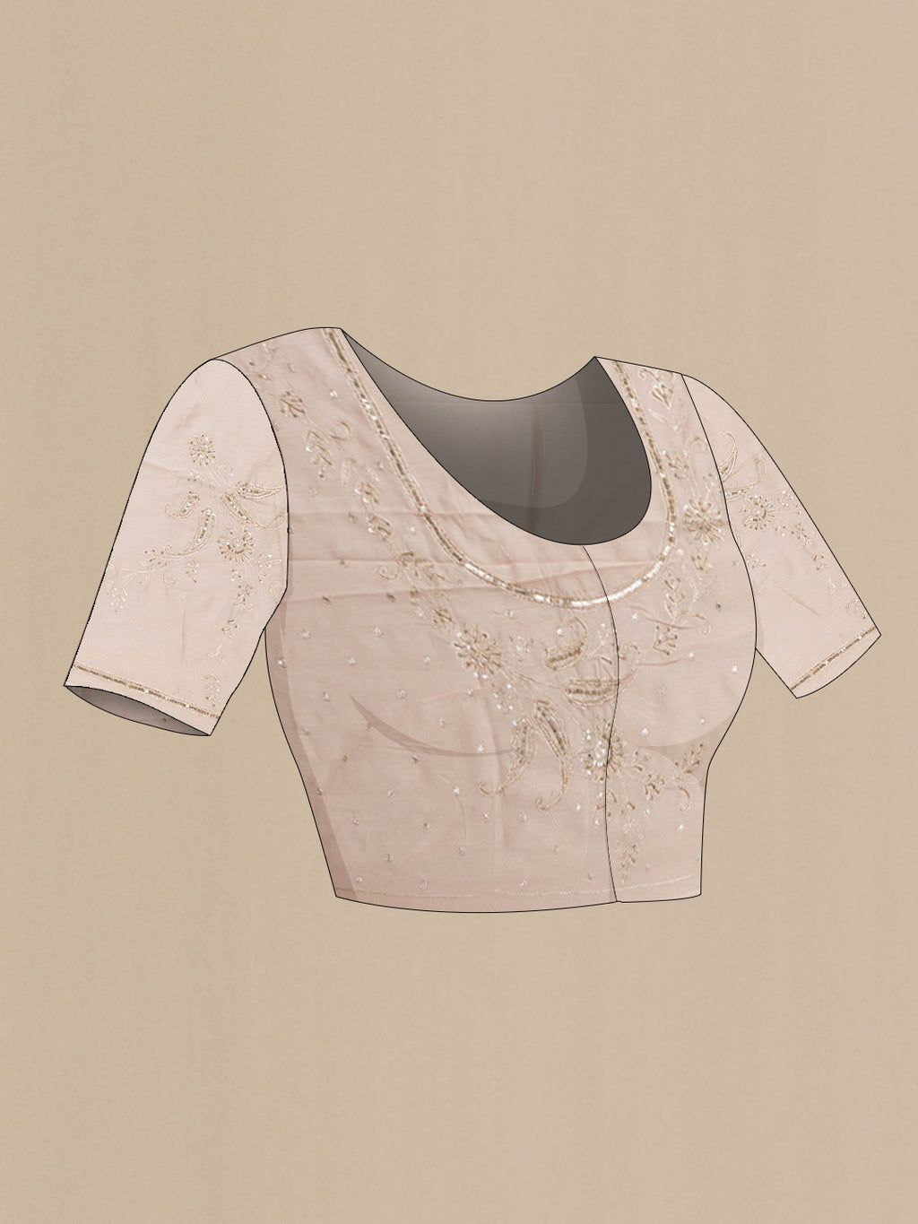 Close up image of the blouse of Rose Gold Organza Silk Saree with Embroidery on the body and Sequin Border. 