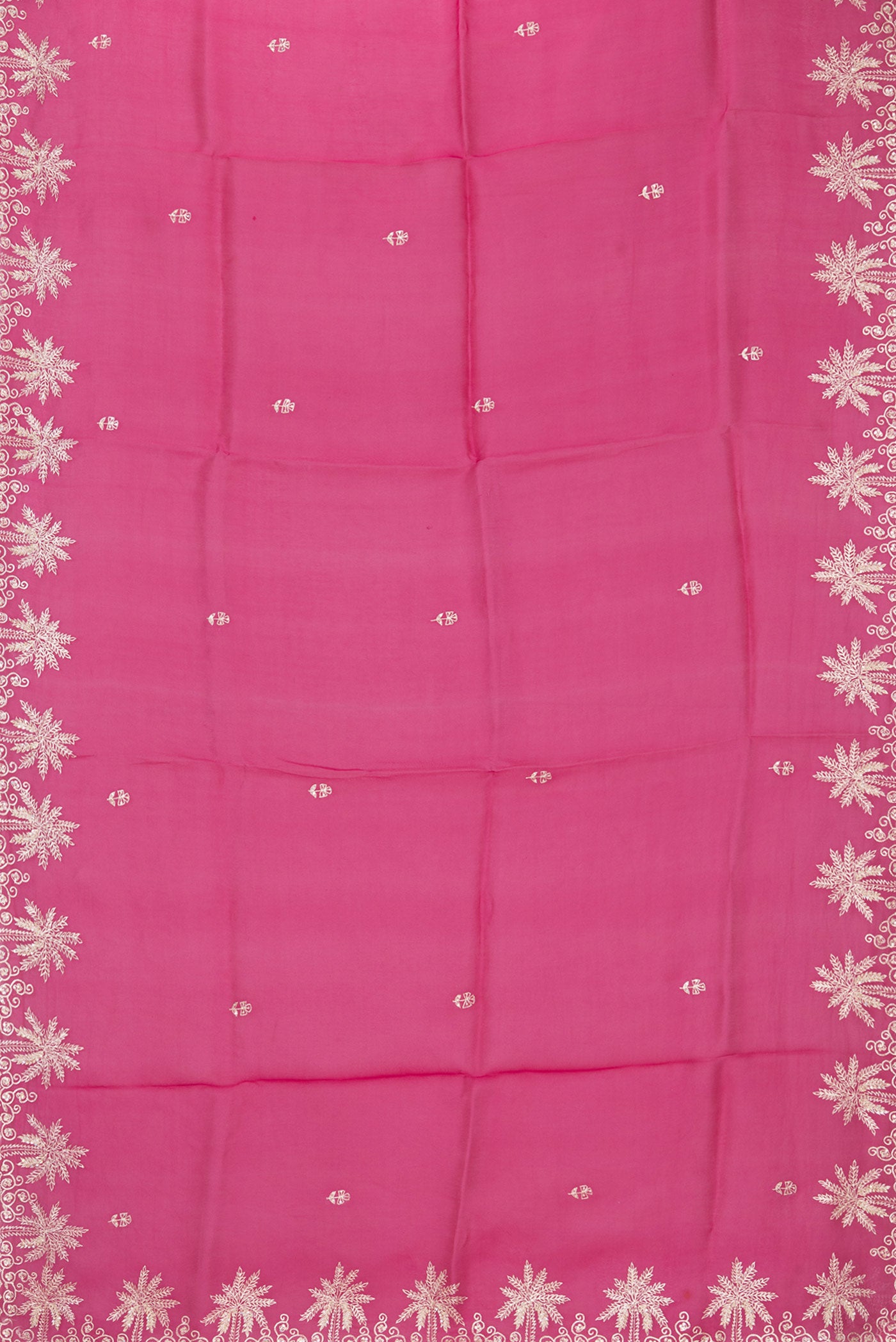 Flat view of Dark Pink Organza Silk Saree with Embroidery on the body and Embroidery Border. 