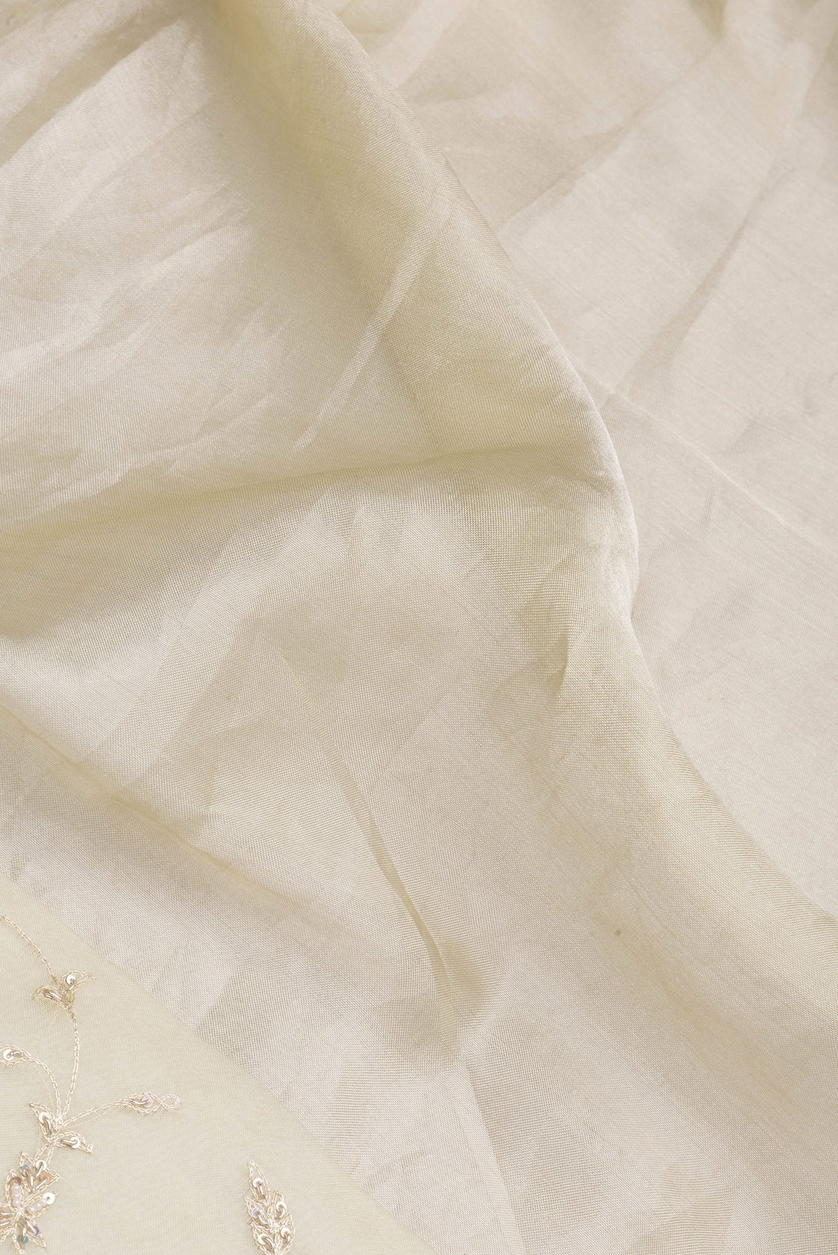 Close up of Lemon Yellow Organza Silk Saree with Embroidery on the body and Embroidery Border.  displaying folds