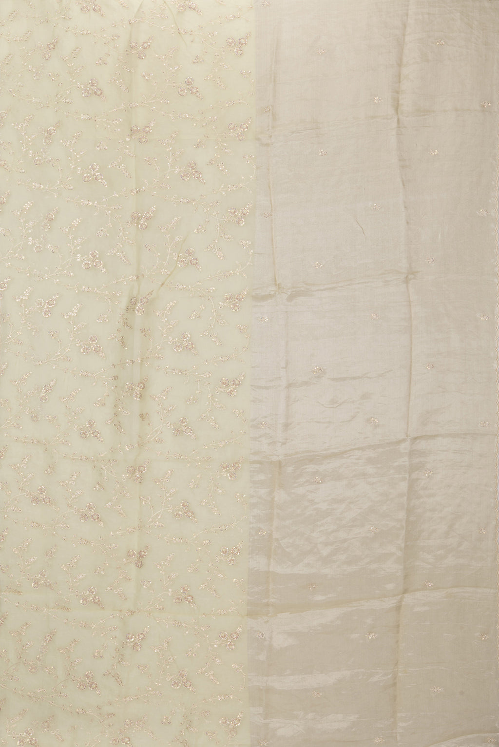 Flat view of Lemon Yellow Organza Silk Saree with Embroidery on the body and Embroidery Border. 
