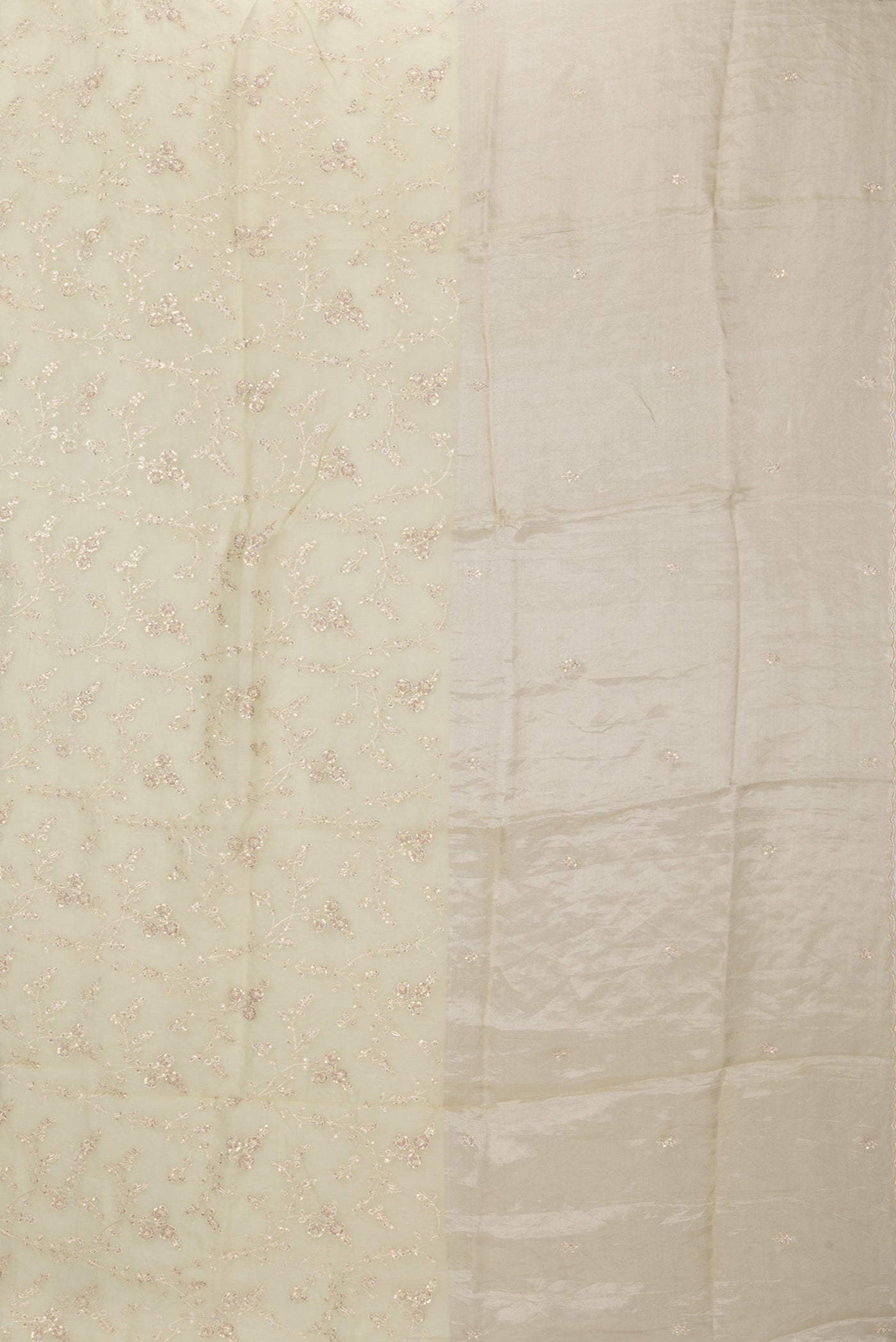 Flat view of Lemon Yellow Organza Silk Saree with Embroidery on the body and Embroidery Border. 